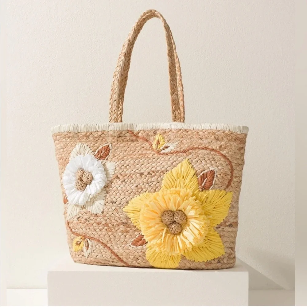 Chicos Floral Beach 100% Jute Tote